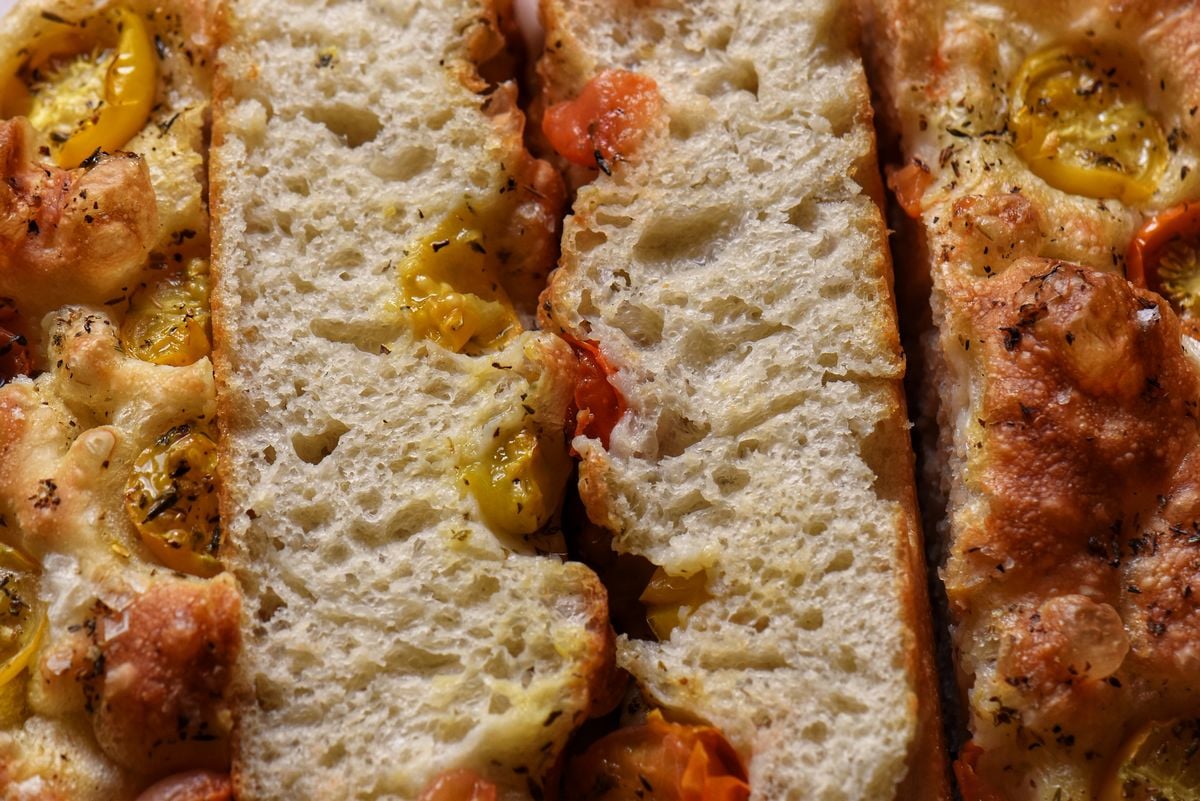 The crumb texture of focaccia dough.