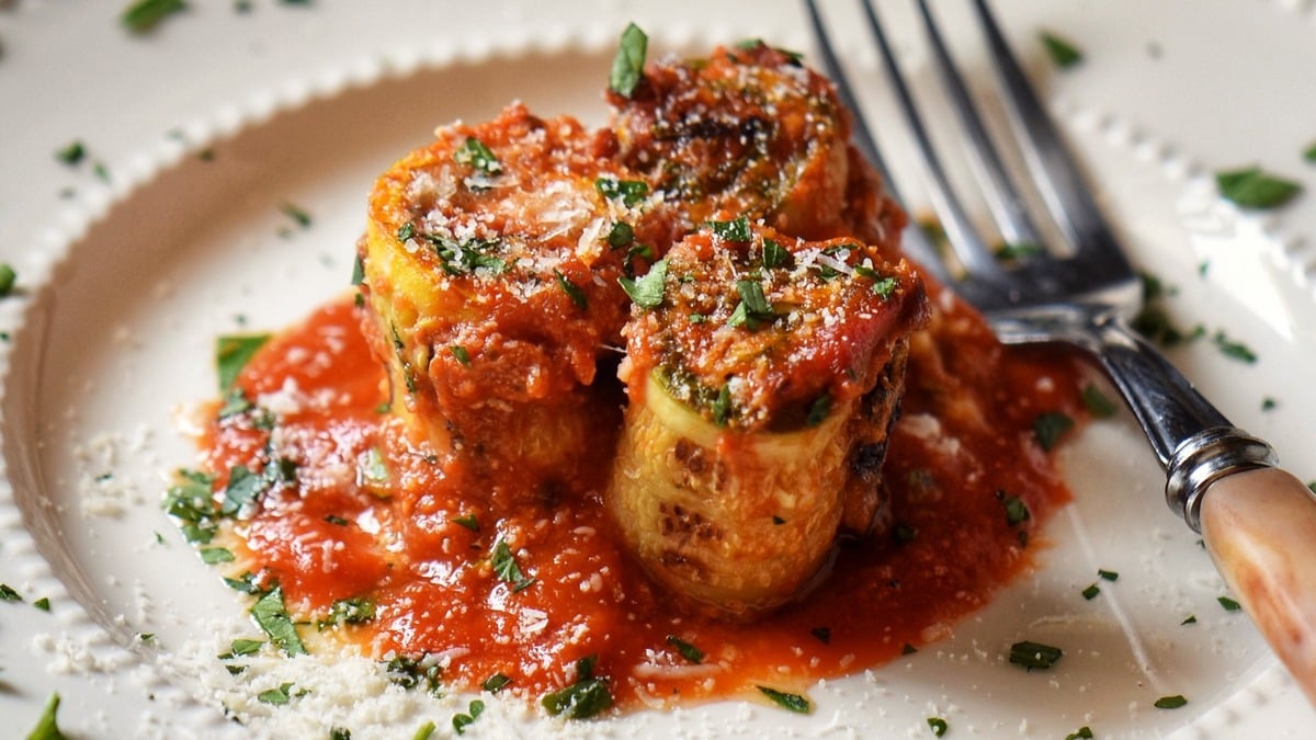 Zucchini rolls in a white plate.