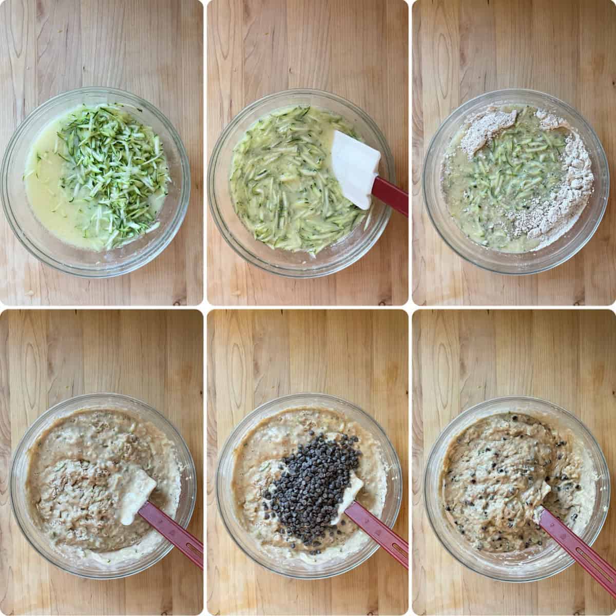 The wet and dry ingredients being combined to make the batter for zucchini muffins. 