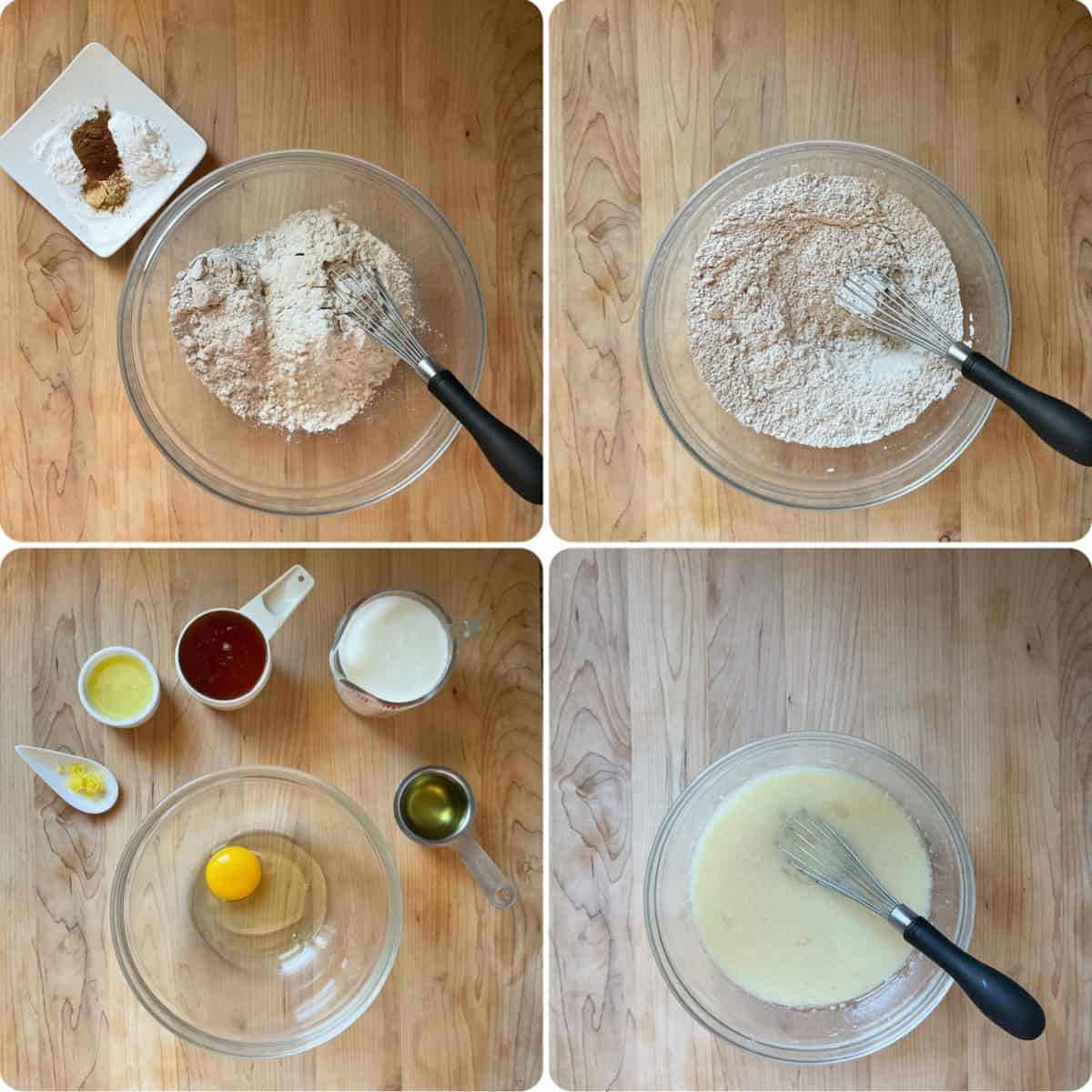The dry and wet ingredients being combined in separate bowls to make zucchini muffins. 