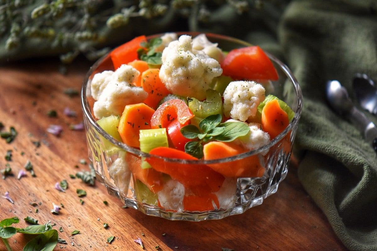 Italian pickled vegetables in a dish.