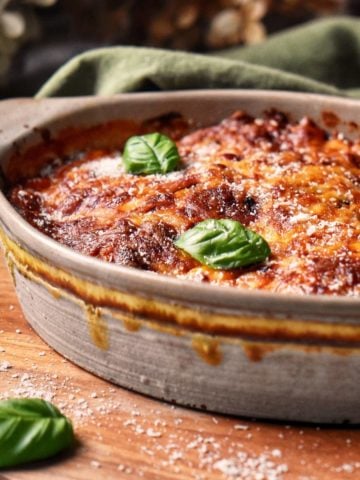 A casserole dish of Eggplant Parmesan.