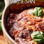 A casserole dish of Eggplant Parmesan.