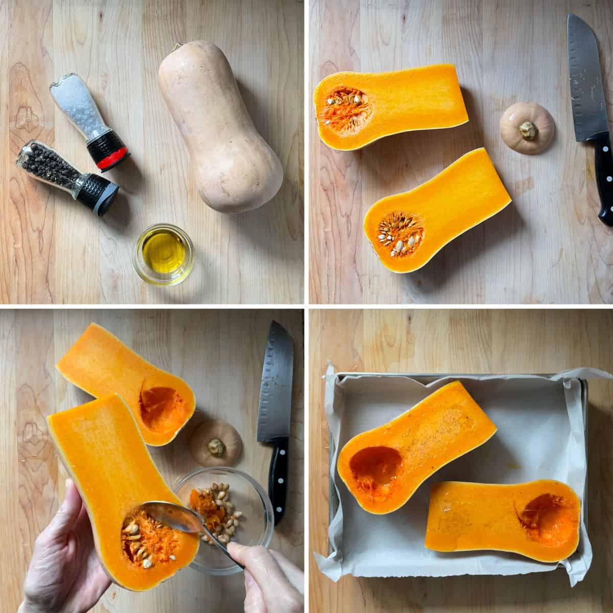 Step by step process to prepare the butternut for roasting.