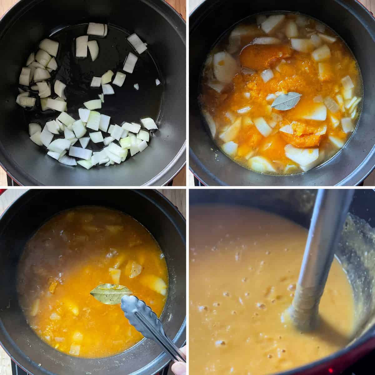Step by step photo collage of making squash soup.