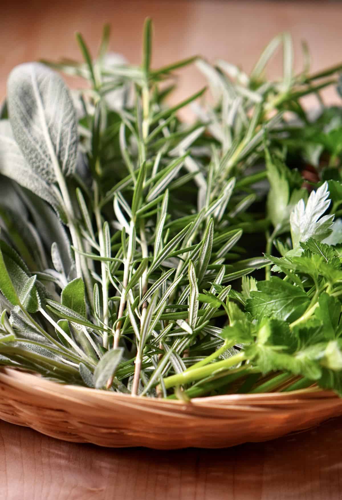 A basket of fresh herbs including rosemary, sage and parsley.