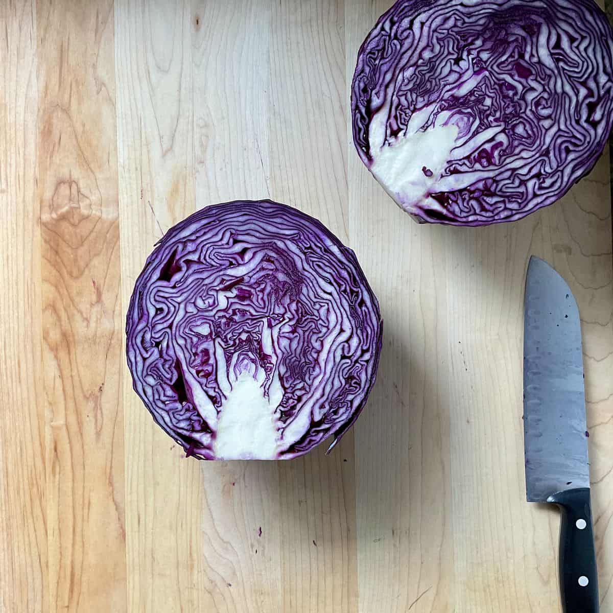 Red cabbage cut in half.