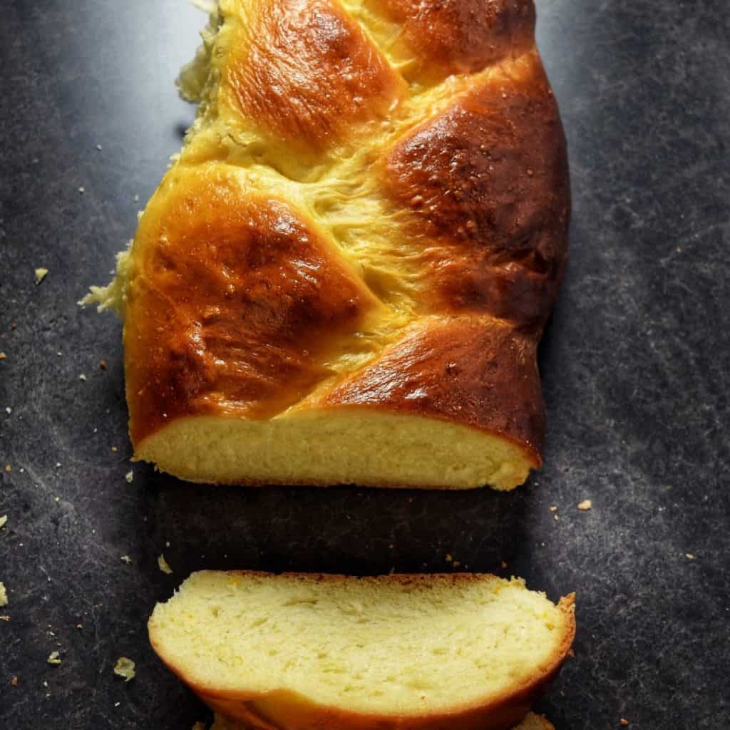 An overhead photo of the golden crust of an Italian Easter bread. 