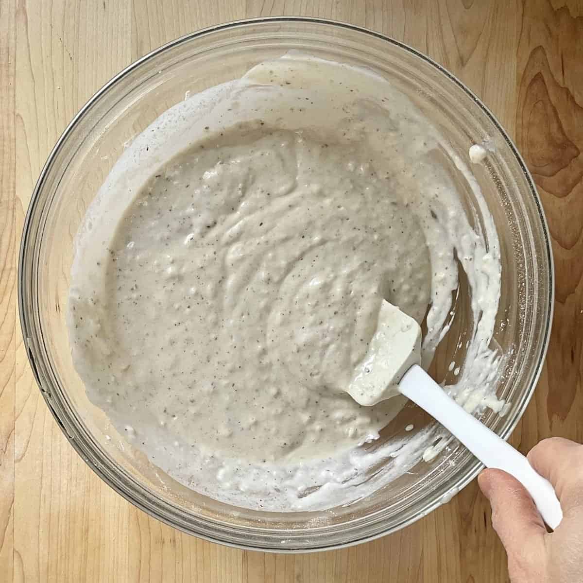 Mini pancake batter in a mixing bowl.