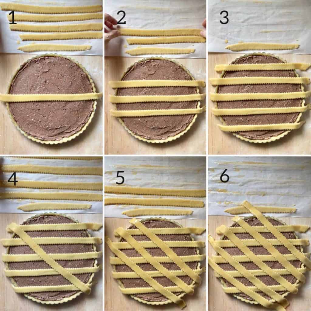 A step by step collage on how to create a lattice top for this ricotta tart.
