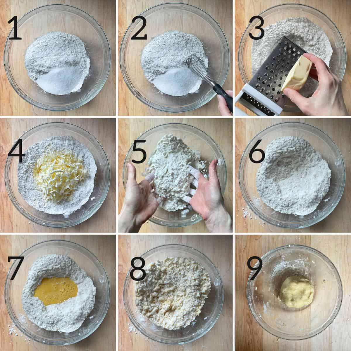 Process shots showing how to make Italian shortcrust pastry by hand.