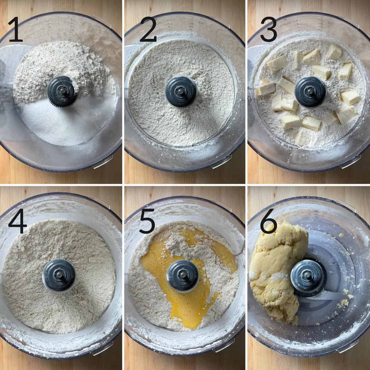 Process shots showing how to make Italian shortcrust pastry in a food processor.