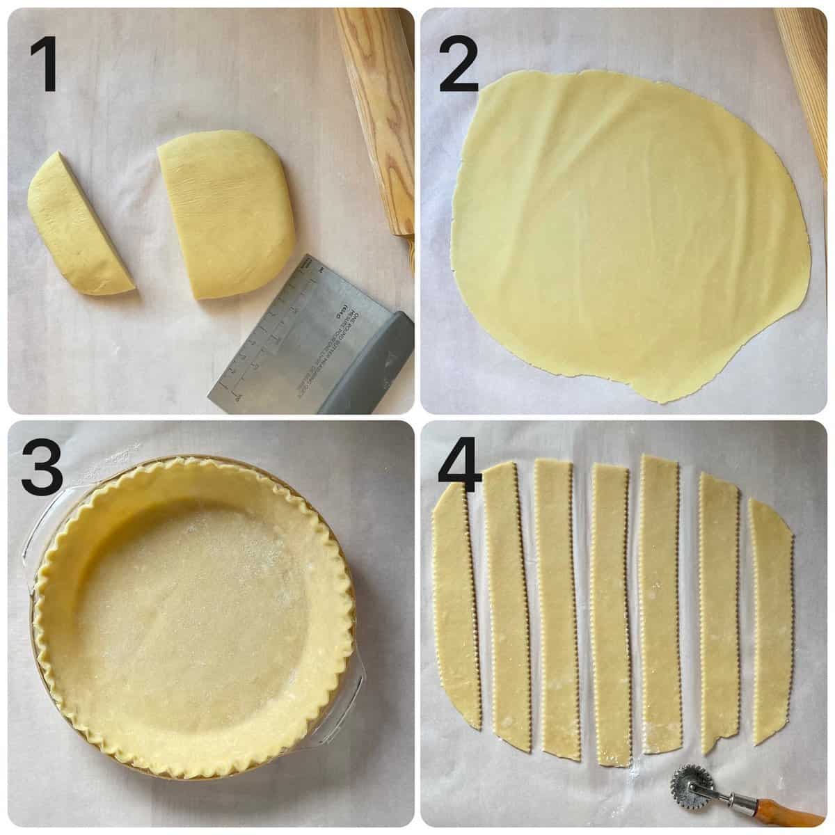 Step by step process on rolling out the pasta frolla pie crust .