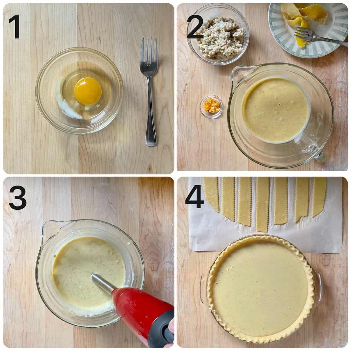 The step by step process to combine the ricotta and cooked wheat filling.
