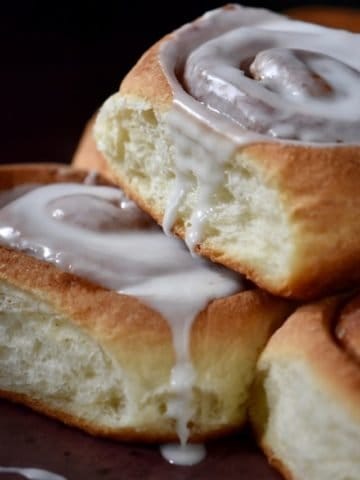The white fluffy texture of cinnamon rolls is shown.