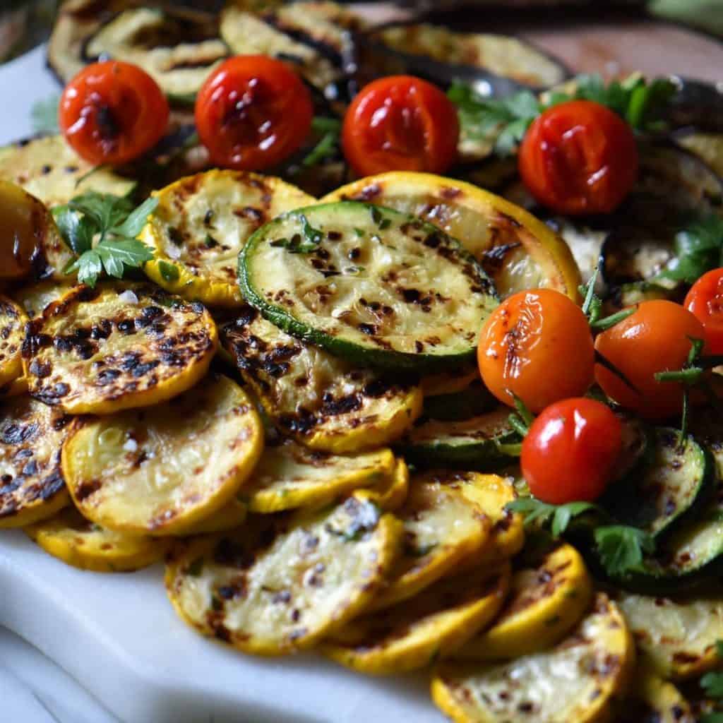 Grilled vegetables on a platter.