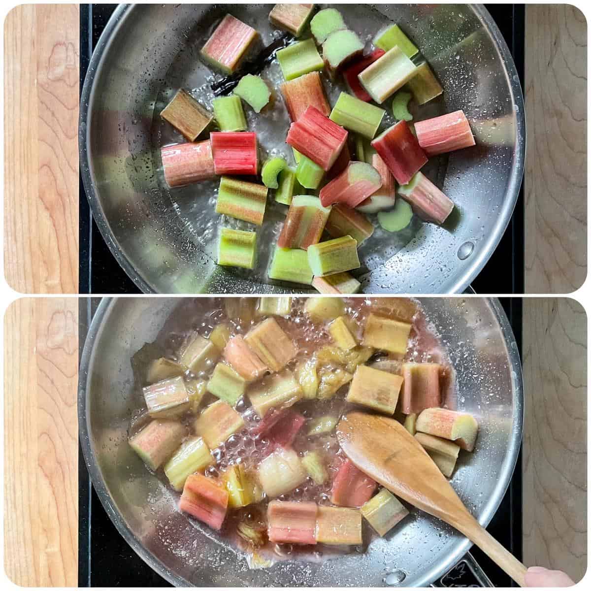 A photo collage of rhubarb being added to a saucepan.