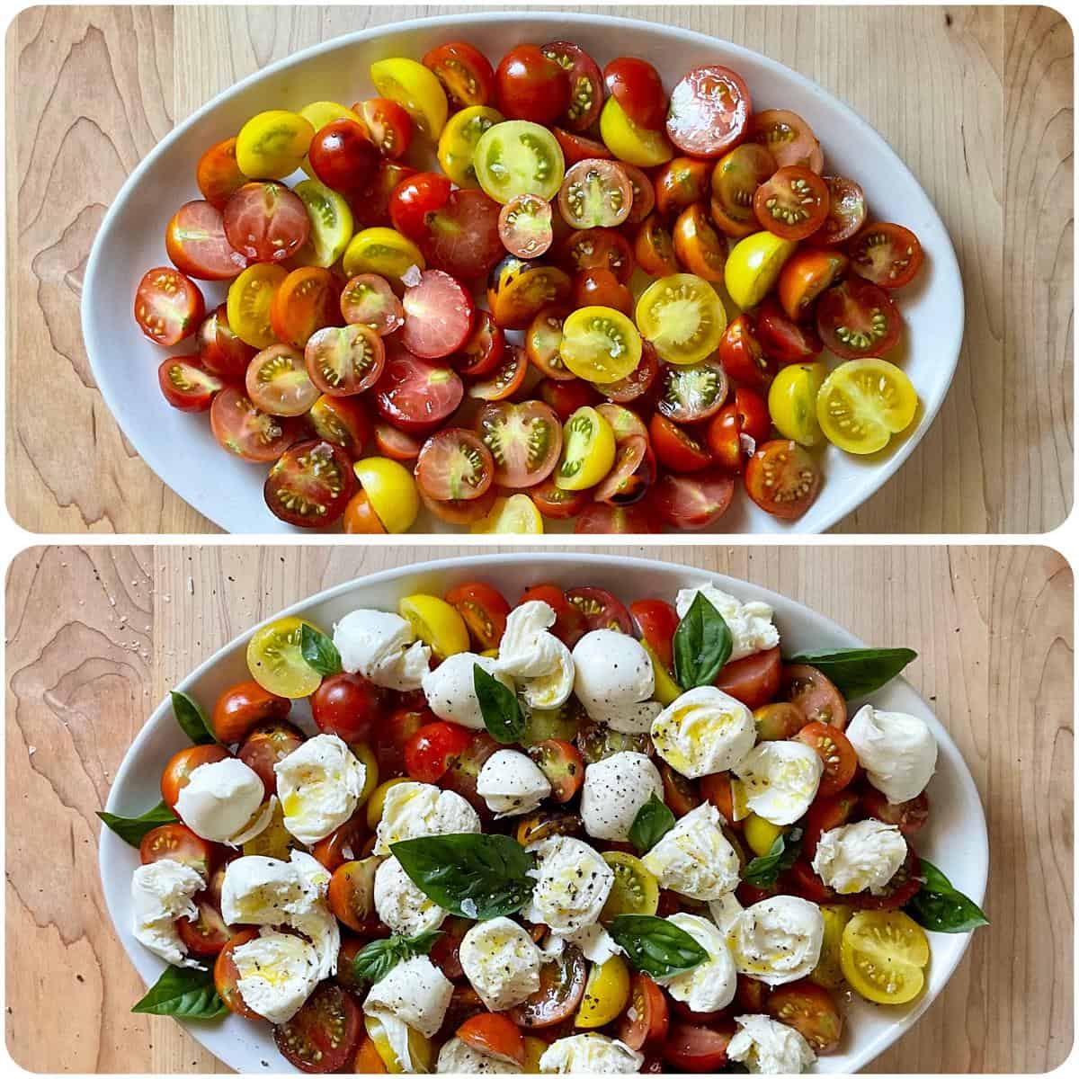 A photo collage of a caprese salad on a white serving platter.