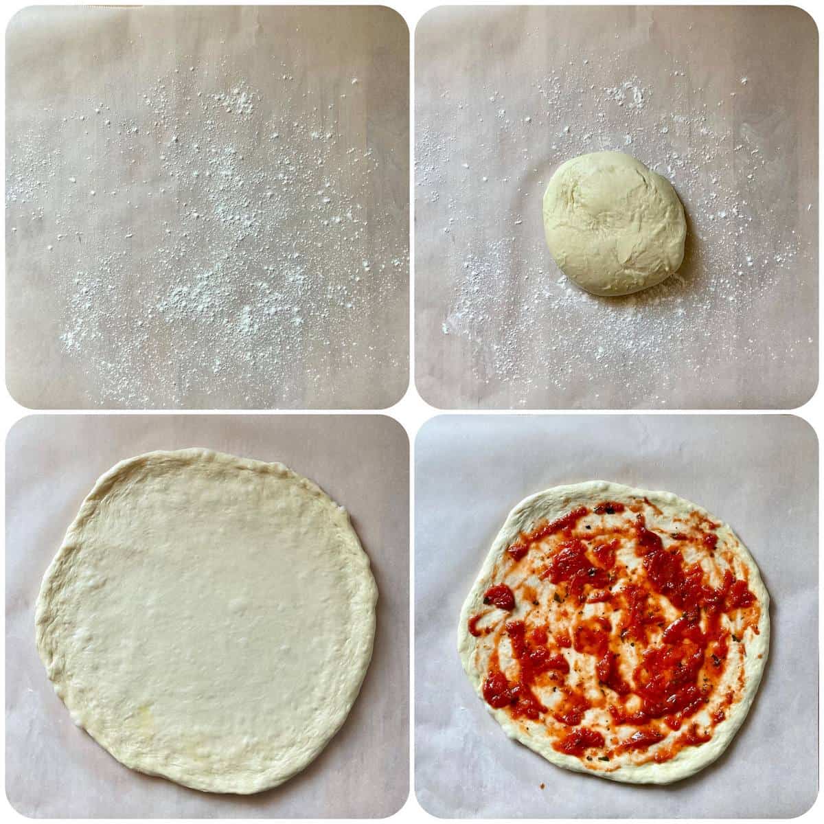 A photo collage of a ball of homemade pizza dough being stretched out.