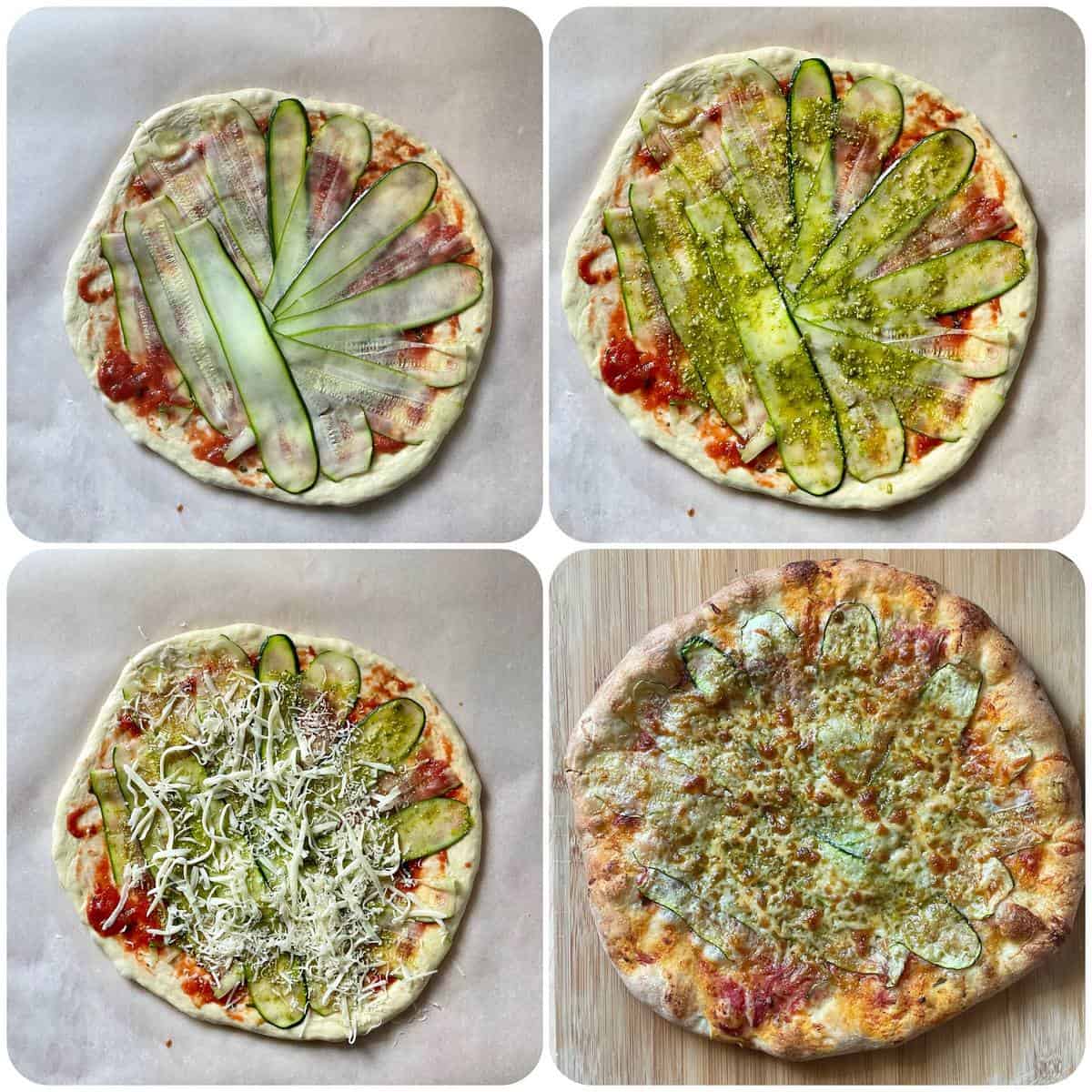 A photo collage of how to make a zucchini pizza.