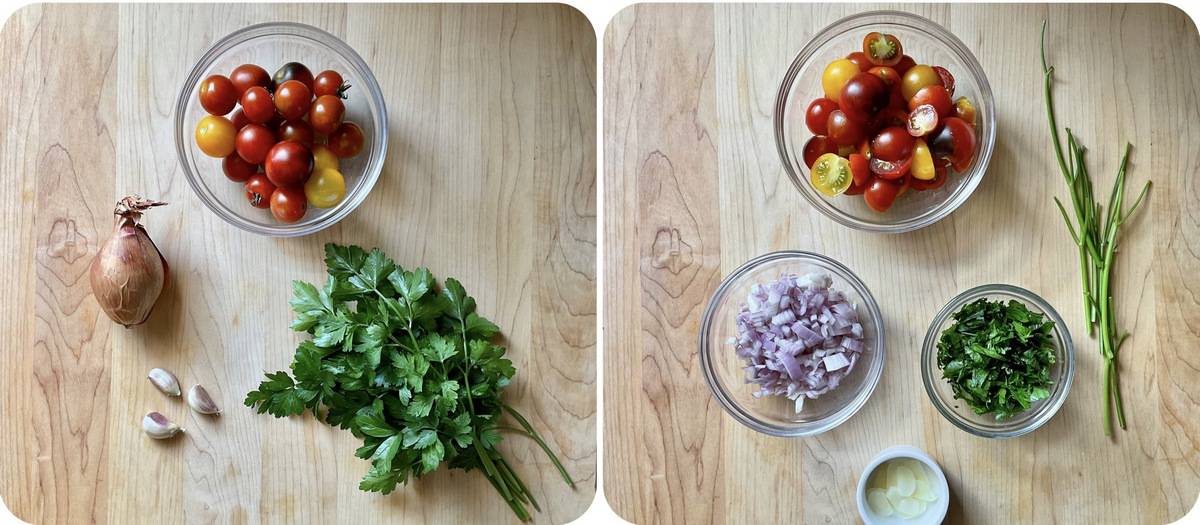 A photo collage of vegetables for the cod fish recipe before and after they are chopped.