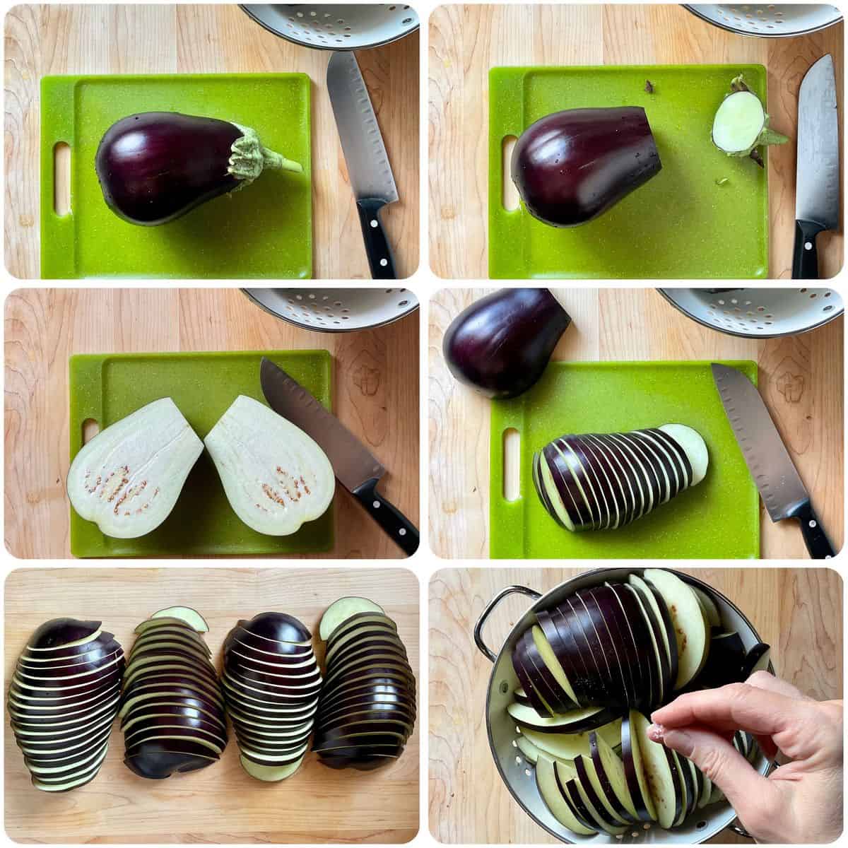 A photo collage on how to slice eggplant for grilling.