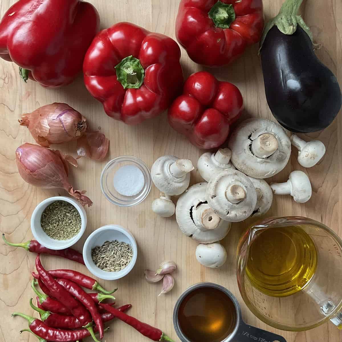 Ingredients to make hot spicy pepper spread.