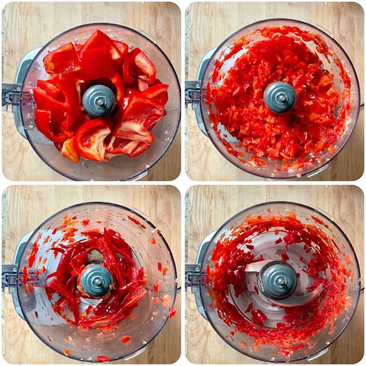 A photo collage of red peppers in food processor.