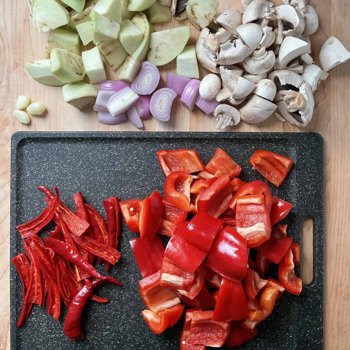 Chopped vegetables on a cutting board.