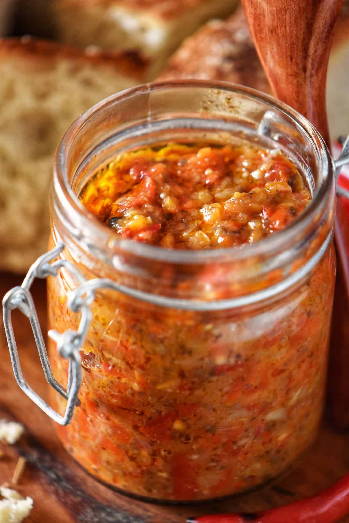 A jar of "la bomba Calabrese" aka spicy Calabrian pepper spread.