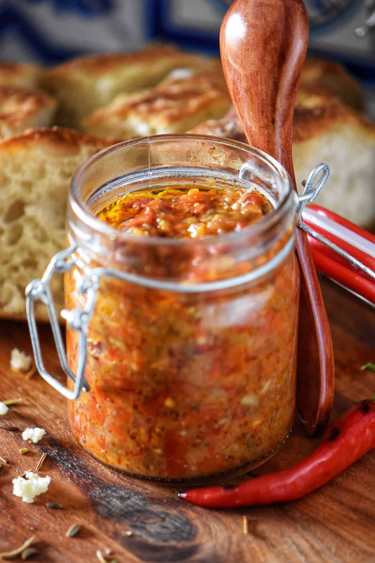 A mason jar of hot pepper spread.