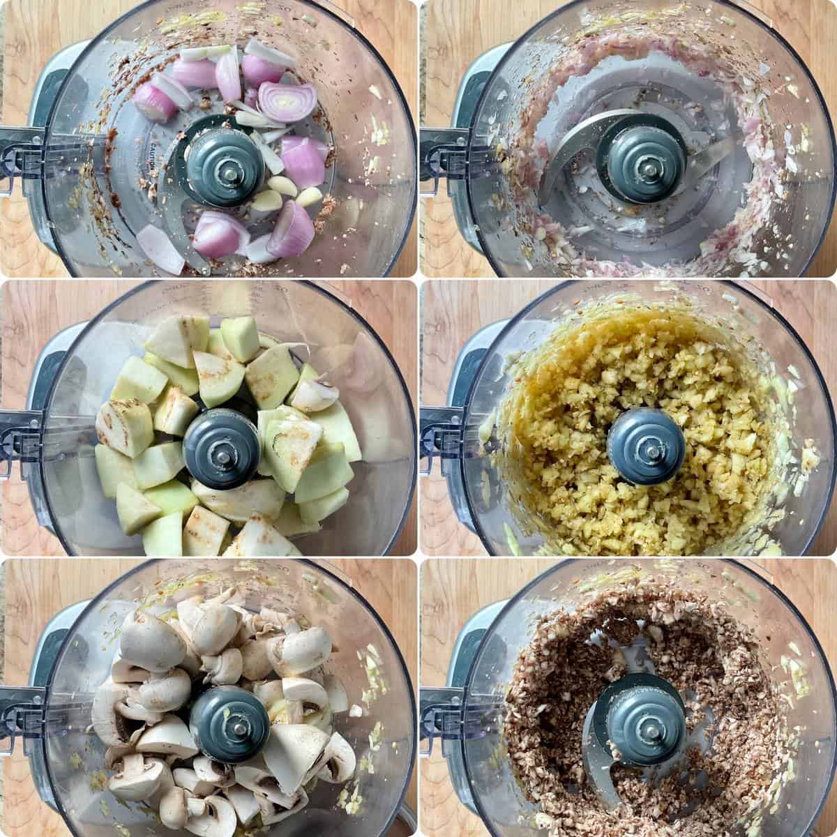 A photo collage of vegetables in food processor.