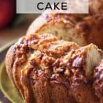 A pinterest pin of an apple bundt cake on a cake stand.