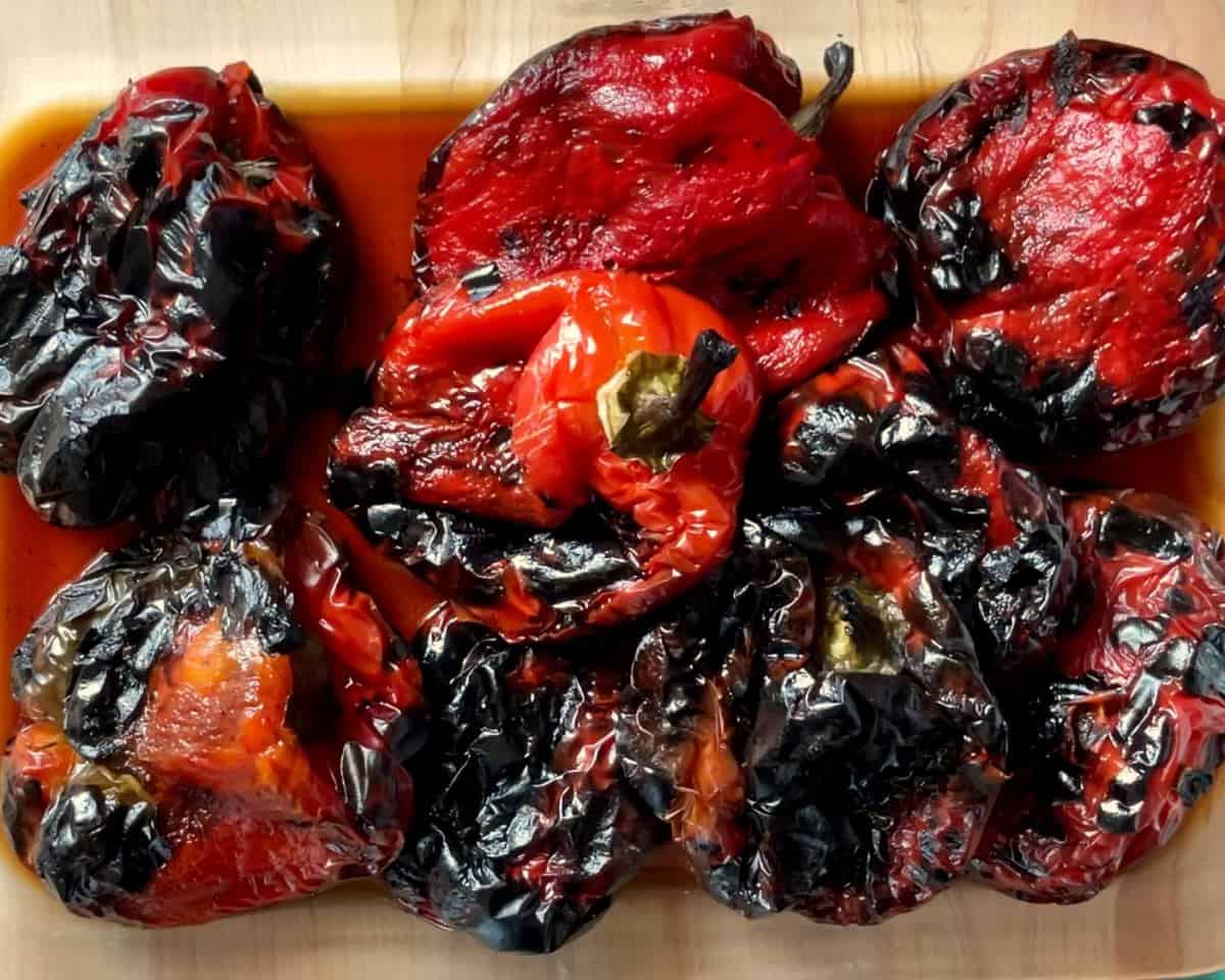 An overhead photo of roasted peppers.