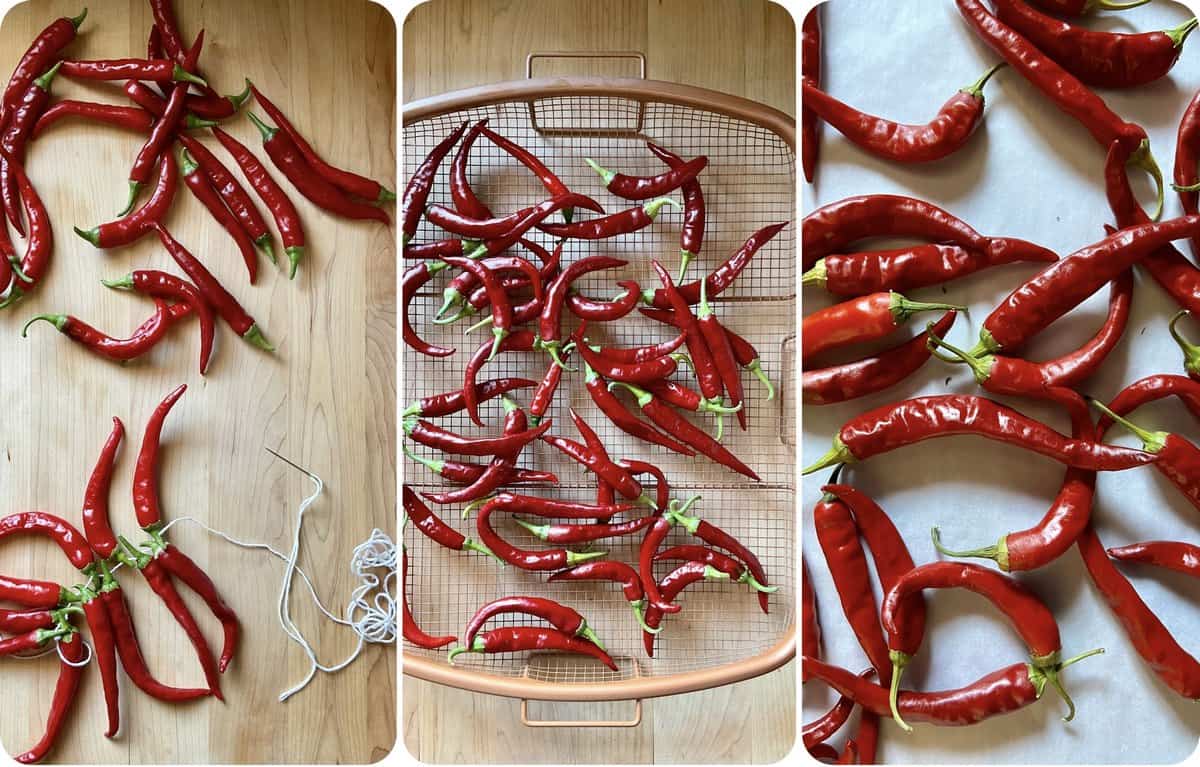 A photo collage of three methods to dry chili peppers.