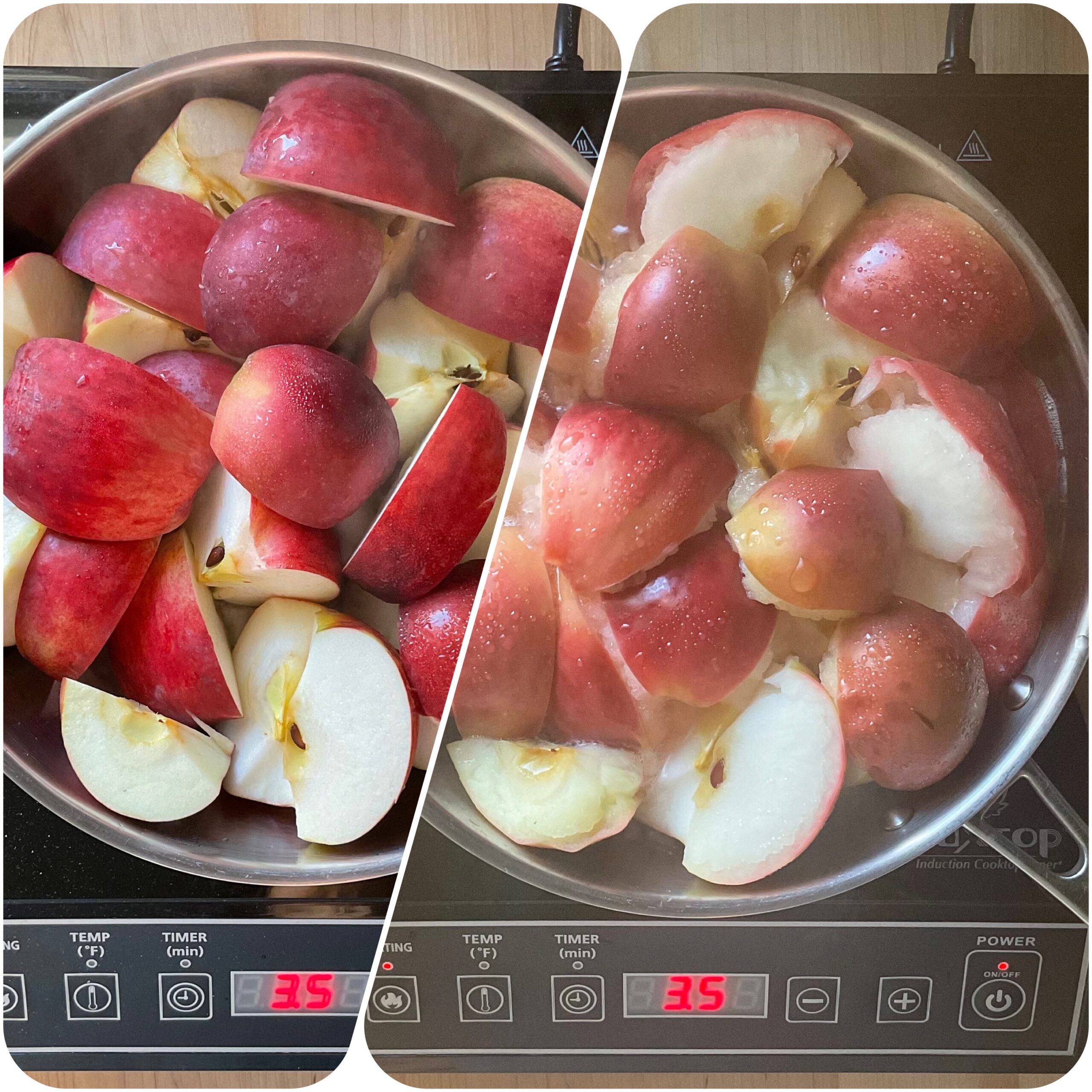 A photo collage of chopped apples before and after being baked.