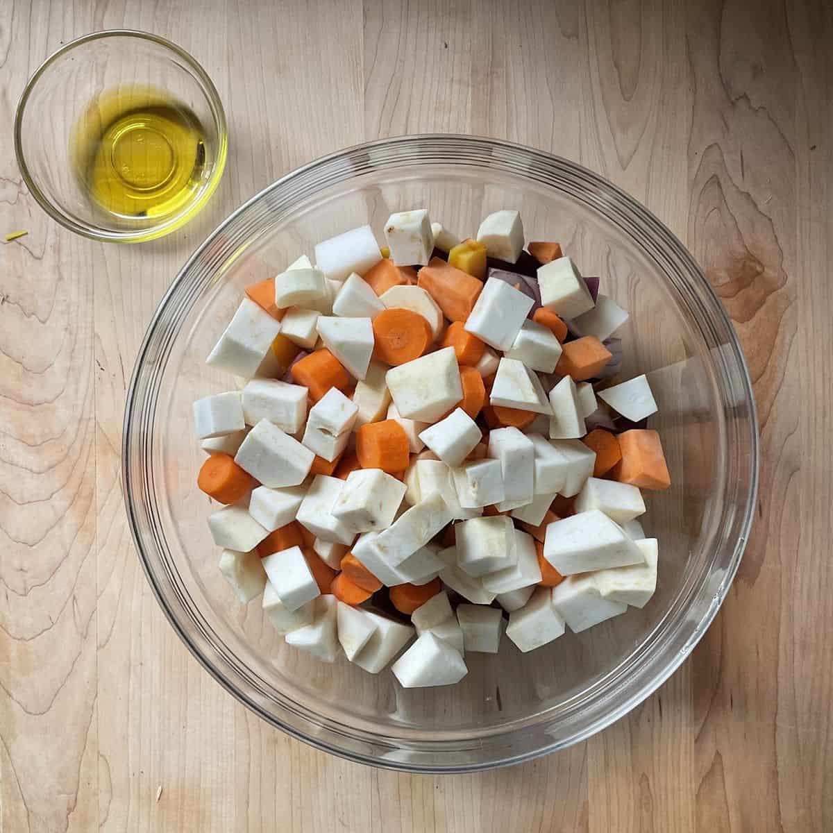 Chopped root vegetables in a bowl.