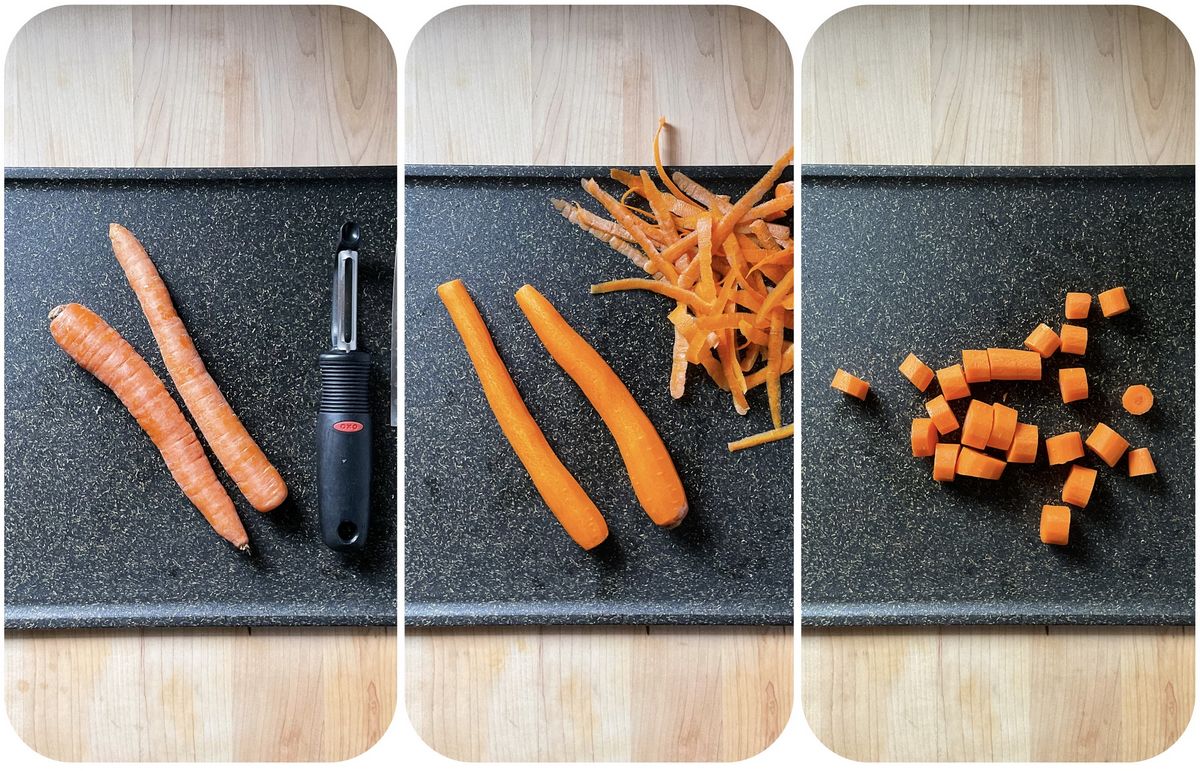 A photo collage of chopped carrots.