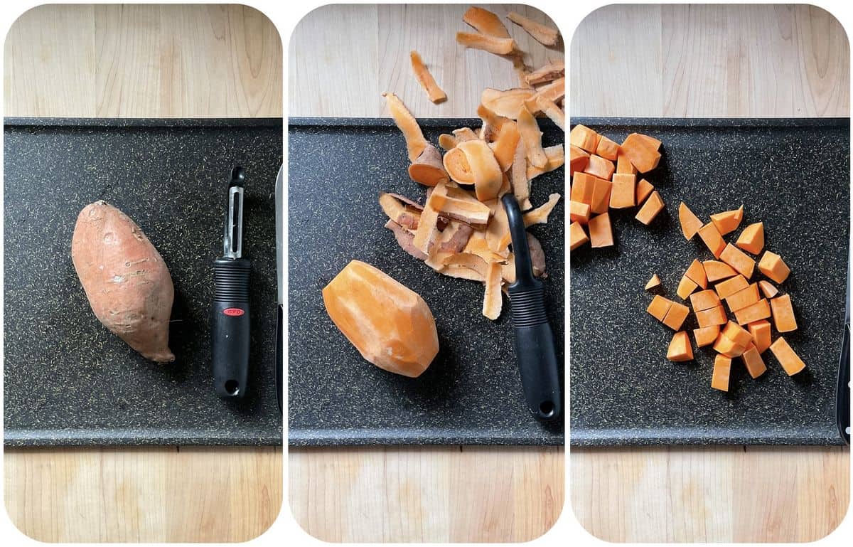 A photo collage of chopped sweet potato.