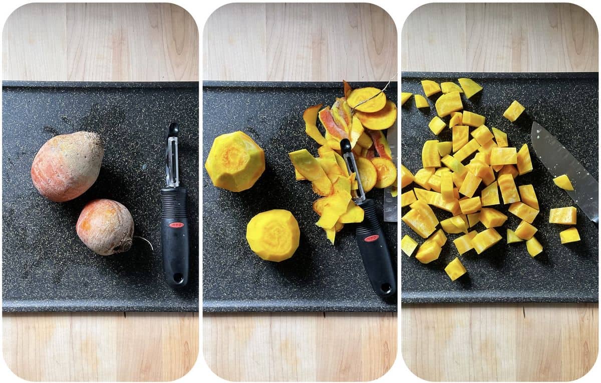 A photo collage of chopped yellow beets.