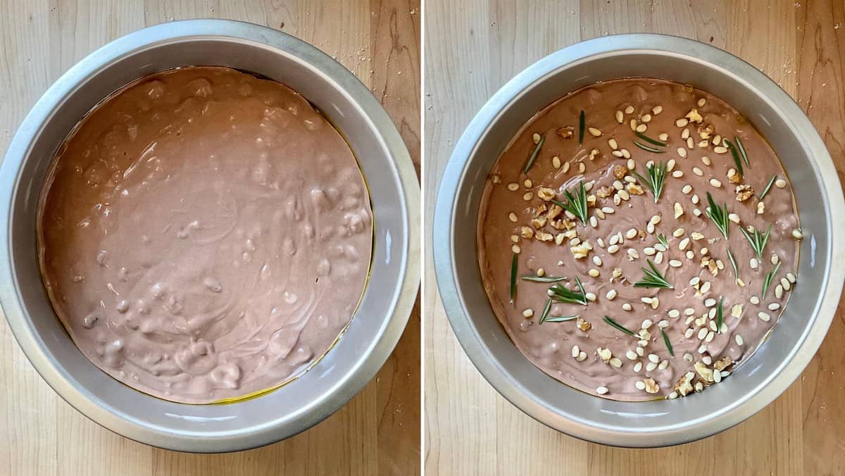 A photo collage of the cake batter in pans.