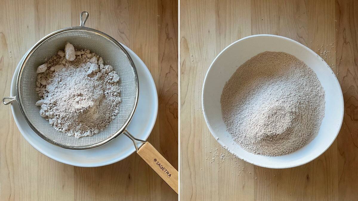 A photo collage of chestnut flour being sifted.