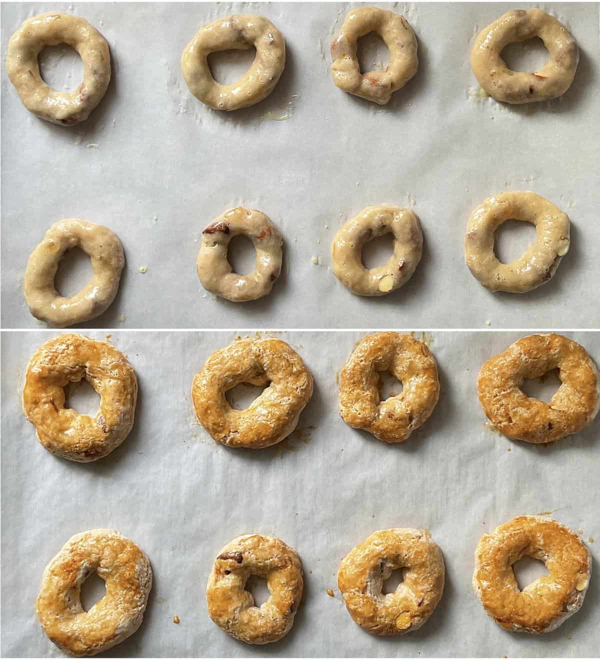 A photo collage of before and after baking the Roccocò cookies.