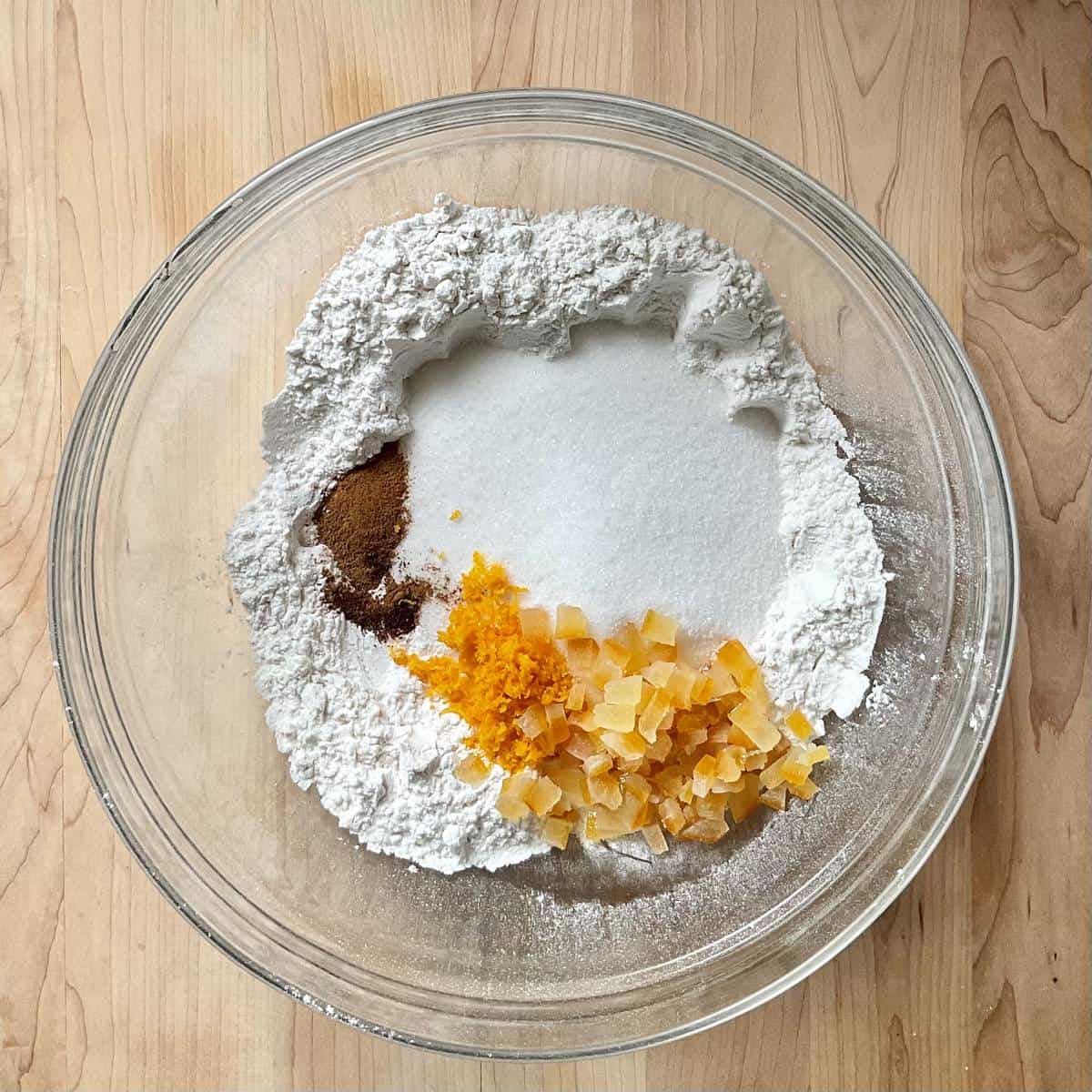 The dry ingredients to make Neapolitan cookies in a bowl.