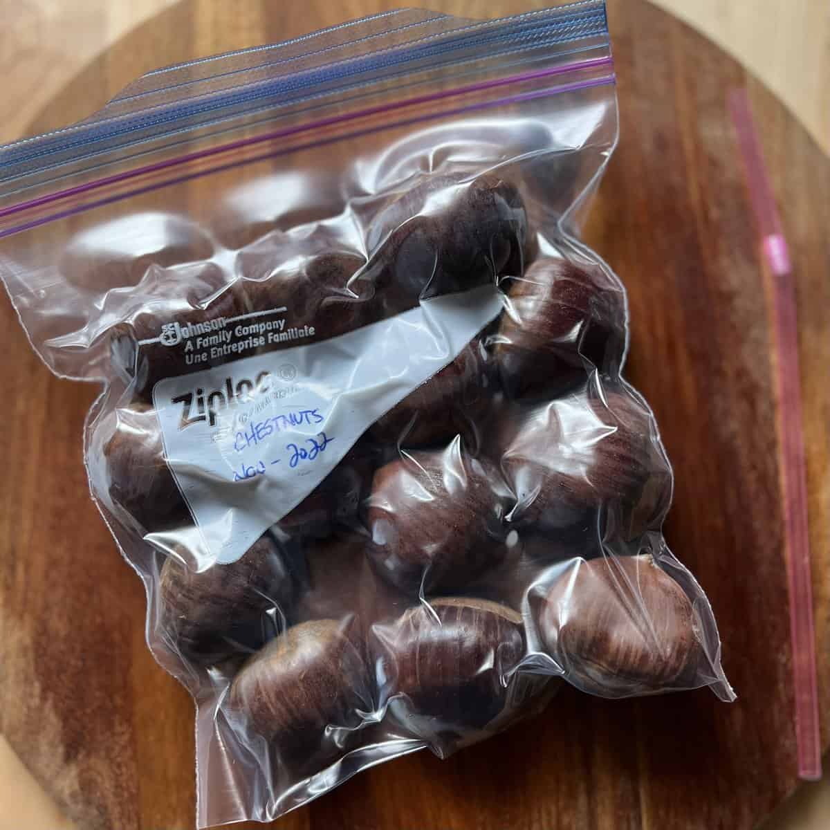 Fresh chestnuts in a freezer bag.