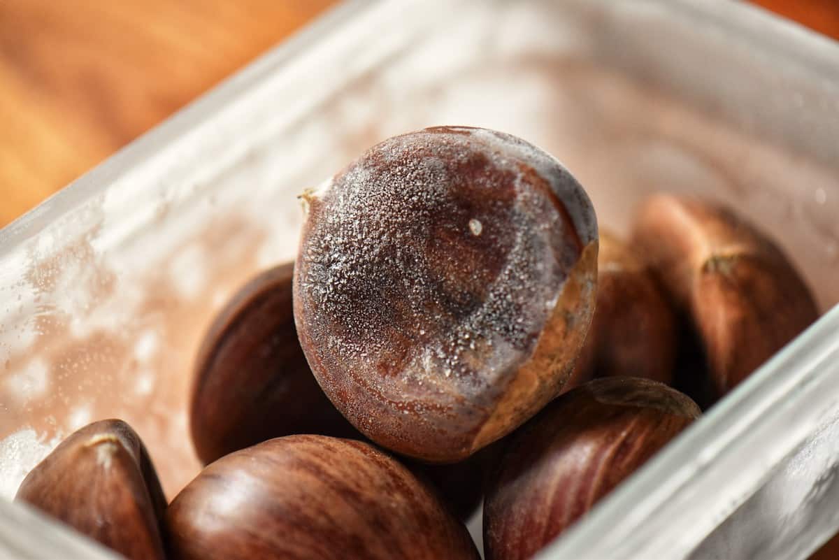 Frozen chestnuts in a freezer safe container.