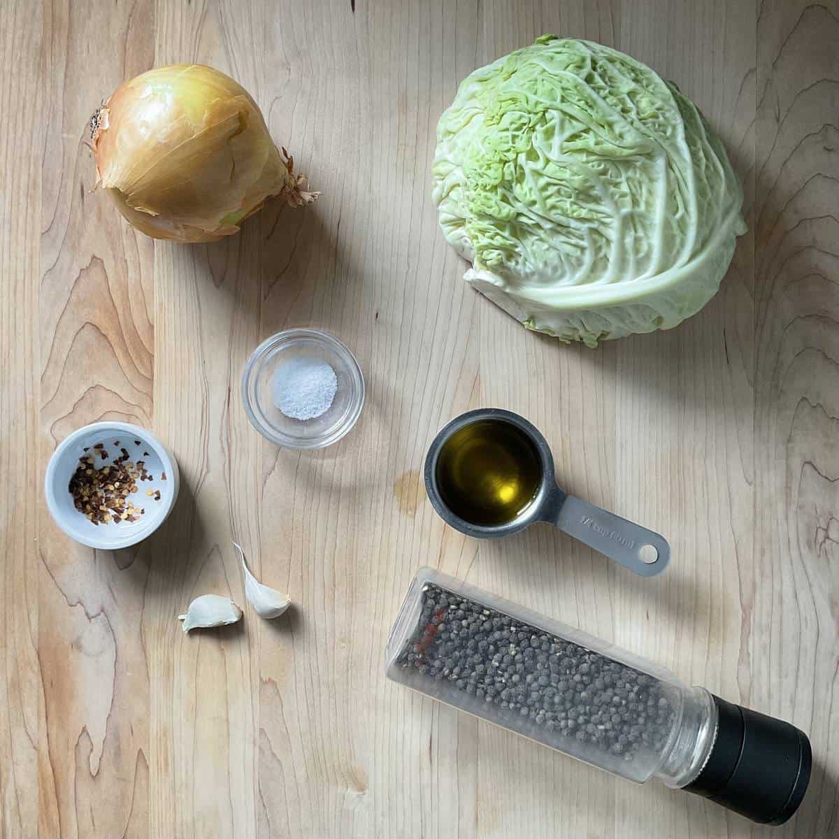 Ingredients to make a sauteed cabbage recipe.