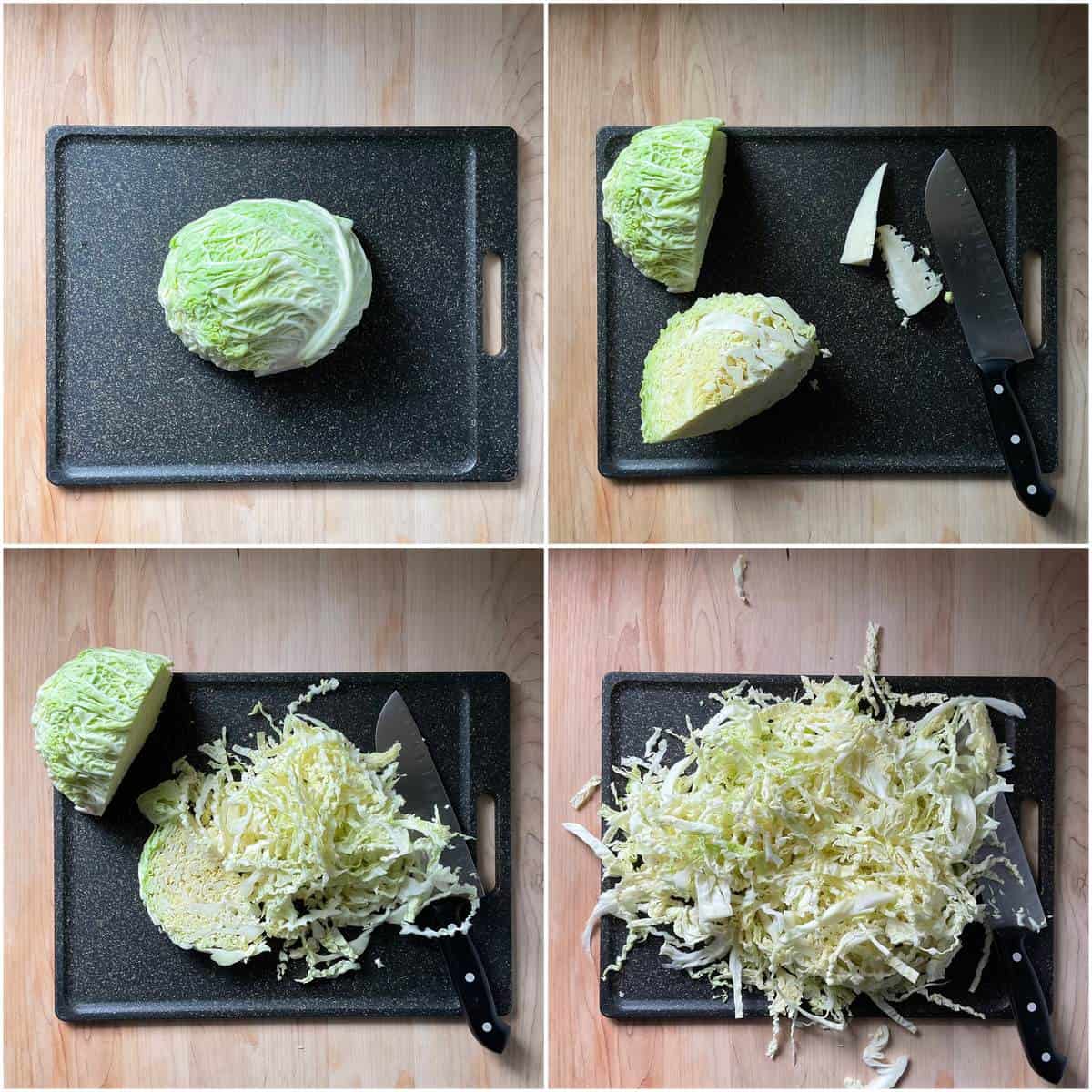 A photo collage of how to slice cabbage.