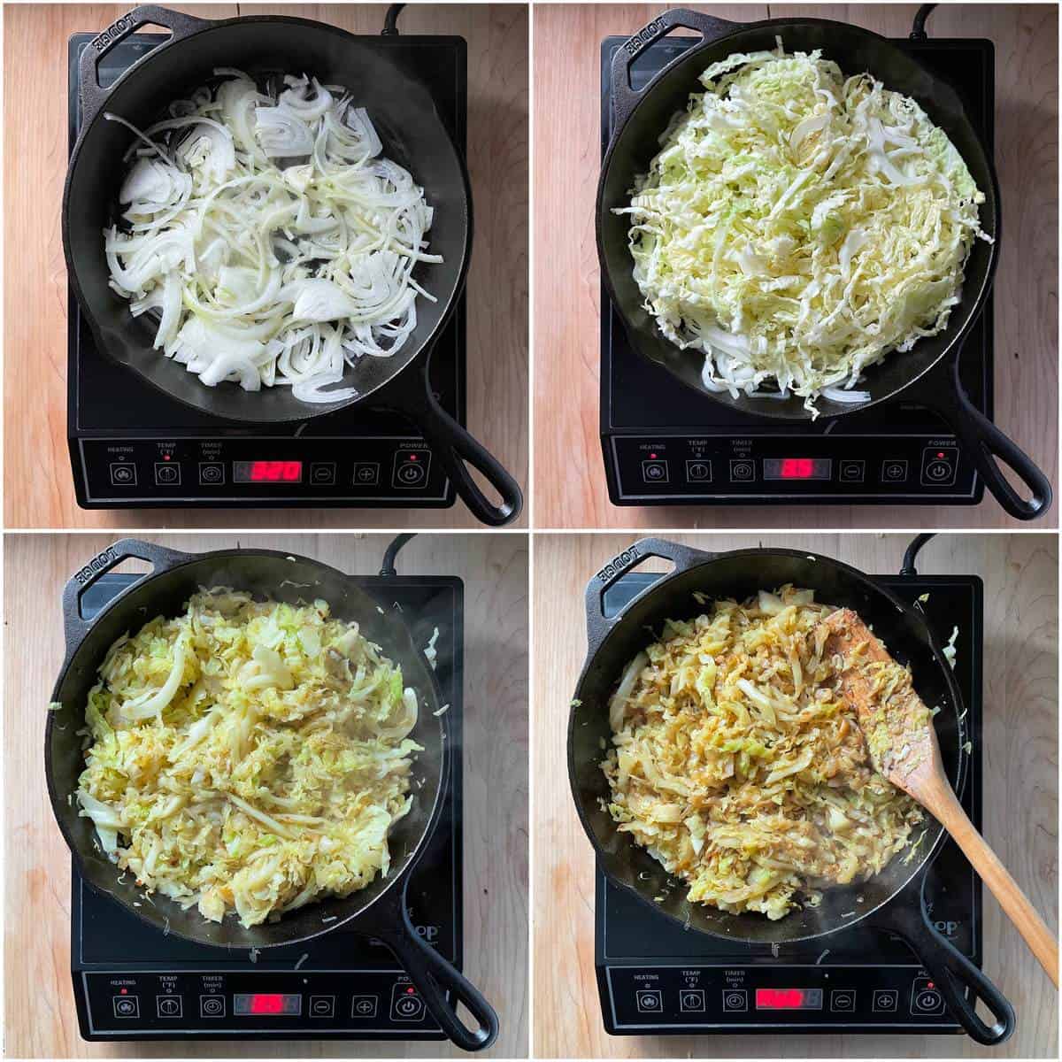 A photo collage of onions and cabbage being fried.