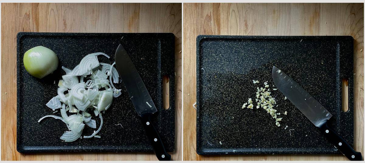 Chopped garlic and onion on a cutting board.